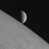 New Horizons took this image of the icy moon Europa rising above Jupiter's cloud tops after the spacecraft's closest approach to Jupiter. RE New Horizons took this image of the icy moon Europa rising above Jupiter's cloud tops after the spacecraft's closest approach to Jupiter. RE