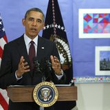 U.S. President Barack Obama answers a question about the situation in Ukraine, following remarks on the budget at Powell Elementary School i U.S. President Barack Obama answers a question about the situation in Ukraine, following remarks on the budget at Powell Elementary School i