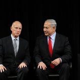 Israel's Prime Minister Benjamin Netenyahu (R) and California Governor Jerry Brown talk prior to their speeches at the Computer History Muse Israel's Prime Minister Benjamin Netenyahu (R) and California Governor Jerry Brown talk prior to their speeches at the Computer History Muse