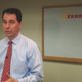 Wisconsin Governor Scott Walker (R) talks with reporters following a tour of the Enbridge Tank site in Superior Wisconsin Governor Scott Walker (R) talks with reporters following a tour of the Enbridge Tank site in Superior