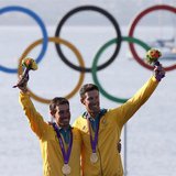 Australia's Mathew Belcher and Malcolm Page pose with their gold medals for the men's 470 sailing class at the London 2012 Olympic Games in Australia's Mathew Belcher and Malcolm Page pose with their gold medals for the men's 470 sailing class at the London 2012 Olympic Games in