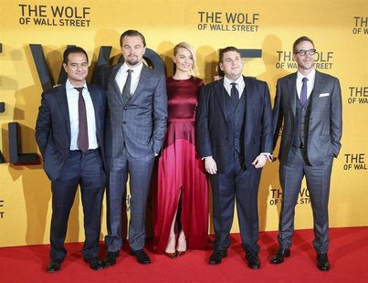 Producer Riza Aziz (L-R), cast members Leonardo DiCaprio, Margot Robbie, Jonah Hill and producer Joey McFarland arrive for the U.K. Premiere Producer Riza Aziz (L-R), cast members Leonardo DiCaprio, Margot Robbie, Jonah Hill and producer Joey McFarland arrive for the U.K. Premiere
