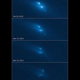 This series of Hubble Space Telescope images reveals the breakup of an asteroid over a period of several months in late 2013. Scientists sai This series of Hubble Space Telescope images reveals the breakup of an asteroid over a period of several months in late 2013. Scientists sai