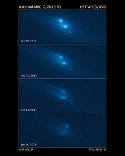 This series of Hubble Space Telescope images reveals the breakup of an asteroid over a period of several months in late 2013. Scientists sai This series of Hubble Space Telescope images reveals the breakup of an asteroid over a period of several months in late 2013. Scientists sai