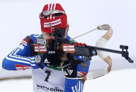 Russia's Ekaterina Iourieva shoots during the women's 10 kilometres pursuit race at the Biathlon World Cup in the southern Bavarian resort o Russia's Ekaterina Iourieva shoots during the women's 10 kilometres pursuit race at the Biathlon World Cup in the southern Bavarian resort o