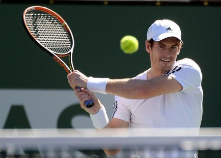 Mar 8, 2014; Indian Wells, CA, USA; Andy Murray (GBR) during his match against Lukas Rosol (CZE) during the BNP Paribas Open at the Indian W Mar 8, 2014; Indian Wells, CA, USA; Andy Murray (GBR) during his match against Lukas Rosol (CZE) during the BNP Paribas Open at the Indian W