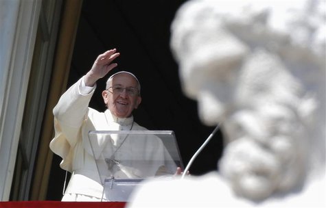 Pope Francis waves as he leads the Angelus prayer from the window of the Apostolic palace in Saint Peter's Square at the Vatican March 9, 20 Pope Francis waves as he leads the Angelus prayer from the window of the Apostolic palace in Saint Peter's Square at the Vatican March 9, 20
