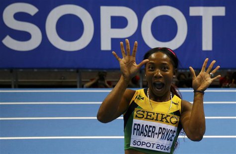 Jamaica's Shelly-Ann Fraser-Pryce celebrates after winning the women's 60m final in the world indoor athletics championships at the ERGO Are Jamaica's Shelly-Ann Fraser-Pryce celebrates after winning the women's 60m final in the world indoor athletics championships at the ERGO Are
