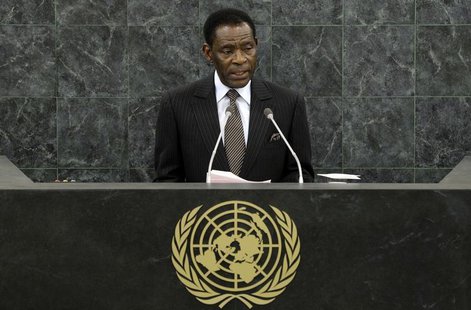 Teodoro Obiang Nguema Mbasogo, the President of Equatorial Guinea, addresses the 68th United Nations General Assembly at U.N. headquarters i Teodoro Obiang Nguema Mbasogo, the President of Equatorial Guinea, addresses the 68th United Nations General Assembly at U.N. headquarters i