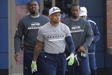 Seattle Seahawks wide receiver Golden Tate (C) walks to their NFL Super Bowl XLVIII walk-through in East Rutherford, New Jersey February 1, Seattle Seahawks wide receiver Golden Tate (C) walks to their NFL Super Bowl XLVIII walk-through in East Rutherford, New Jersey February 1,