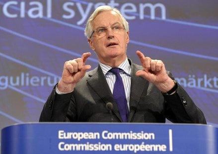 European Commissioner for Internal Market and Services Michel Barnier holds a news conference on the restructuring of the bank at the Europe European Commissioner for Internal Market and Services Michel Barnier holds a news conference on the restructuring of the bank at the Europe
