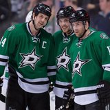 Mar 6, 2014; Dallas, TX, USA; Dallas Stars center Tyler Seguin (91) celebrates his hat trick with left wing Jamie Benn (14) and center Rich Mar 6, 2014; Dallas, TX, USA; Dallas Stars center Tyler Seguin (91) celebrates his hat trick with left wing Jamie Benn (14) and center Rich
