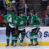 Jan 23, 2014; Dallas, TX, USA; Dallas Stars left wing Jamie Benn (14) and center Rich Peverley (17) and defenseman Brenden Dillon (4) celebr Jan 23, 2014; Dallas, TX, USA; Dallas Stars left wing Jamie Benn (14) and center Rich Peverley (17) and defenseman Brenden Dillon (4) celebr