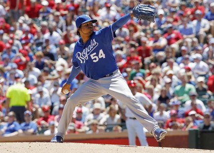 Kansas City Royals pitcher Ervin Santana throws against the Texas Rangers in the second inning of their MLB American League baseball game in Kansas City Royals pitcher Ervin Santana throws against the Texas Rangers in the second inning of their MLB American League baseball game in