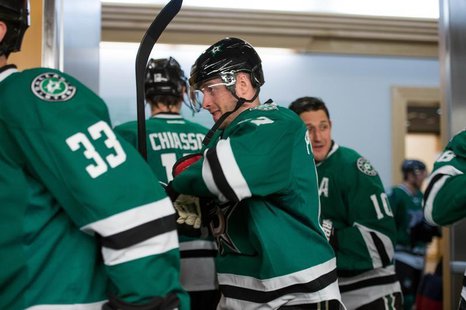 Mar 10, 2014; Dallas, TX, USA; Dallas Stars center Rich Peverley (17) and defenseman Alex Goligoski (33) and defenseman Trevor Daley (6) tak Mar 10, 2014; Dallas, TX, USA; Dallas Stars center Rich Peverley (17) and defenseman Alex Goligoski (33) and defenseman Trevor Daley (6) tak