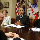 U.S. President Barack Obama speaks to female members of Congress about his administration's minimum wage efforts in the Roosevelt Room at th U.S. President Barack Obama speaks to female members of Congress about his administration's minimum wage efforts in the Roosevelt Room at th