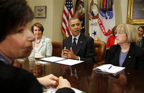 U.S. President Barack Obama speaks to female members of Congress about his administration's minimum wage efforts in the Roosevelt Room at th U.S. President Barack Obama speaks to female members of Congress about his administration's minimum wage efforts in the Roosevelt Room at th