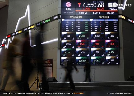 Indonesian traders walk in front of an Indonesia Stock Exchange board in Jakarta, June 12, 2013. REUTERS/Beawiharta Indonesian traders walk in front of an Indonesia Stock Exchange board in Jakarta, June 12, 2013. REUTERS/Beawiharta