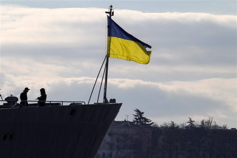 Ukrainian Navy sailors stand guard on top of the Ukrainian navy command ship Slavutych at the Crimean port of Sevastopol March 13, 2014. REU Ukrainian Navy sailors stand guard on top of the Ukrainian navy command ship Slavutych at the Crimean port of Sevastopol March 13, 2014. REU