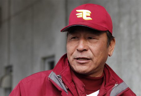 Yoshinori Sato, a pitching coach for the Rakuten Golden Eagles, speaks to reporters at Muscat Stadium in Kurashiki, western Japan March 8, 2 Yoshinori Sato, a pitching coach for the Rakuten Golden Eagles, speaks to reporters at Muscat Stadium in Kurashiki, western Japan March 8, 2
