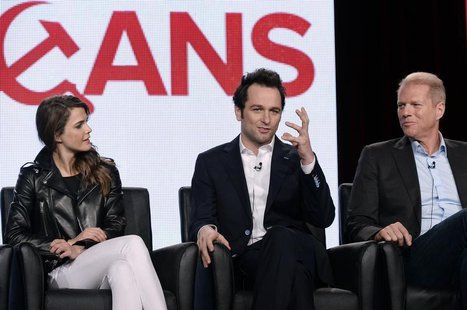 Cast members Keri Russell (L), Matthew Rhys and Noah Emmerich (R) of drama series "The Americans" participate in a panel during FX Networks' Cast members Keri Russell (L), Matthew Rhys and Noah Emmerich (R) of drama series "The Americans" participate in a panel during FX Networks'