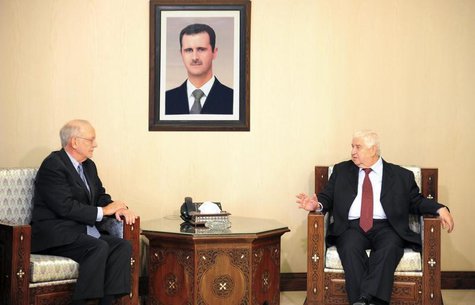 Syria's Foreign Minister Walid Moualem (R) meets United Nations Children's Fund (UNICEF) Director Anthony Lake in Damascus March 12, 2014, i Syria's Foreign Minister Walid Moualem (R) meets United Nations Children's Fund (UNICEF) Director Anthony Lake in Damascus March 12, 2014, i