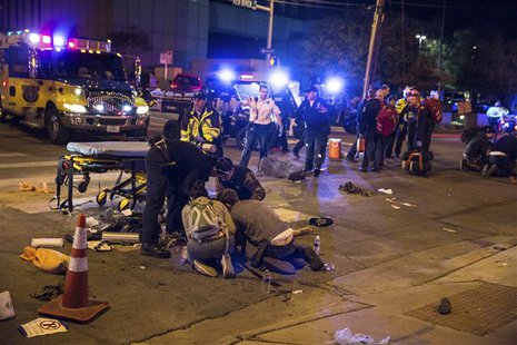A victim who was struck by a vehicle on Red River Street during the SXSW festival is assisted by paramedics and bystanders in downtown Austi A victim who was struck by a vehicle on Red River Street during the SXSW festival is assisted by paramedics and bystanders in downtown Austi