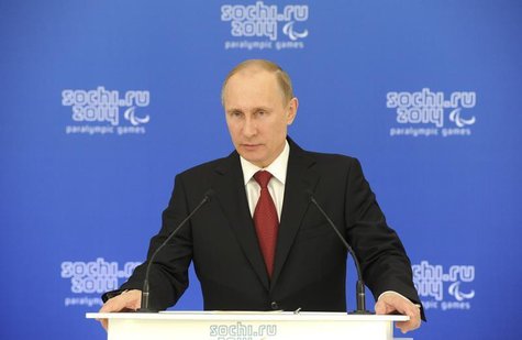 Russian President Vladimir Putin speaks during a meeting with paralympic delegations in Sochi March 13, 2014. REUTERS/Mikhail Klimentyev/RIA Russian President Vladimir Putin speaks during a meeting with paralympic delegations in Sochi March 13, 2014. REUTERS/Mikhail Klimentyev/RIA
