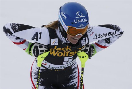 Marlies Schild of Austria reacts in the finish area during the first run of the women's slalom at the FIS Alpine Skiing World Cup Finals in Marlies Schild of Austria reacts in the finish area during the first run of the women's slalom at the FIS Alpine Skiing World Cup Finals in
