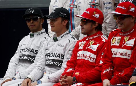 (L-R) Mercedes Formula One driver Lewis Hamilton of Britain, Mercedes Formula One driver Nico Rosberg of Germany, Ferrari Formula One driver (L-R) Mercedes Formula One driver Lewis Hamilton of Britain, Mercedes Formula One driver Nico Rosberg of Germany, Ferrari Formula One driver