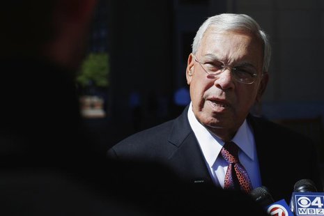Boston Mayor Tom Menino talks to reporters as he arrives for the Boston College Chief Executives' Club of Boston luncheon in Boston, Massach Boston Mayor Tom Menino talks to reporters as he arrives for the Boston College Chief Executives' Club of Boston luncheon in Boston, Massach