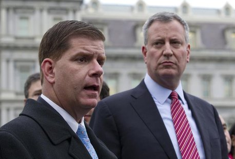 Bill de Blasio and Martin Walsh (L) speak to the press outside the West Wing of the White House in Washington, December 13, 2013, following Bill de Blasio and Martin Walsh (L) speak to the press outside the West Wing of the White House in Washington, December 13, 2013, following
