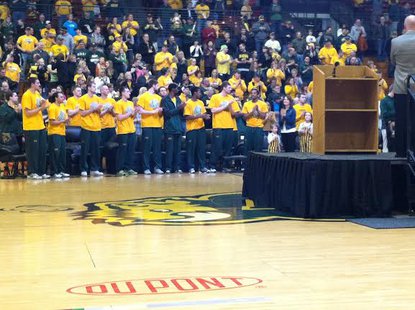 NDSU fans gather at the Bison Sports Arena on Sunday March 16th, 2014 waiting to find out where the Bison will play in the 2014 NCAA Tournament. NDSU fans gather at the Bison Sports Arena on Sunday March 16th, 2014 waiting to find out where the Bison will play in the 2014 NCAA Tournament.