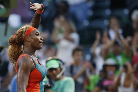 Mar 20, 2014; Miami, FL, USA; Serena Williams waves to the crowd after her match against Yaroslava Shvedova (not pictured) on day four of th Mar 20, 2014; Miami, FL, USA; Serena Williams waves to the crowd after her match against Yaroslava Shvedova (not pictured) on day four of th