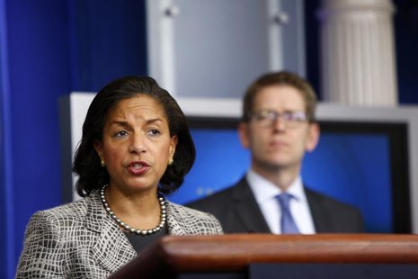 White House national security adviser Susan Rice and spokesman Jay Carney (R) address reporters in the press briefing room at the White Hous White House national security adviser Susan Rice and spokesman Jay Carney (R) address reporters in the press briefing room at the White Hous