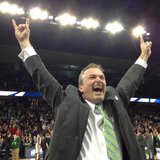 NDSU Head Coach Saul Phillips celebrates his team's 80-75 OT upset victory over the University of Oklahoma. NDSU Head Coach Saul Phillips celebrates his team's 80-75 OT upset victory over the University of Oklahoma.