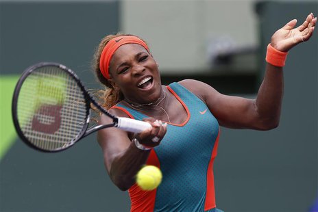 Mar 22, 2014; Miami, FL, USA; Serena Williams hits a forehand against Caroline Garcia (not pictured) on day six of the Sony Open at Crandon Mar 22, 2014; Miami, FL, USA; Serena Williams hits a forehand against Caroline Garcia (not pictured) on day six of the Sony Open at Crandon