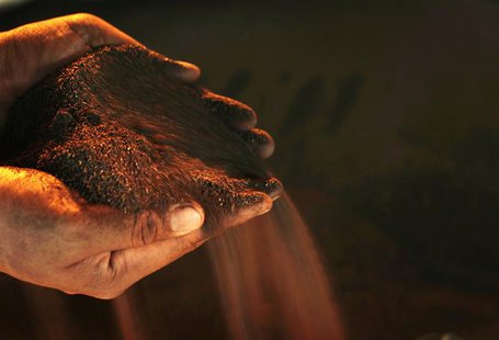 A worker poses with a handful of nickel ore at the nickel mining factory of PT Vale Tbk, near Sorowako, Indonesia's Sulawesi island, in this A worker poses with a handful of nickel ore at the nickel mining factory of PT Vale Tbk, near Sorowako, Indonesia's Sulawesi island, in this