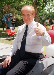 Boxing promoter Mickey Duff from England rides in a car during a parade honoring the newest inductees to the International Boxing Hall of Fa Boxing promoter Mickey Duff from England rides in a car during a parade honoring the newest inductees to the International Boxing Hall of Fa