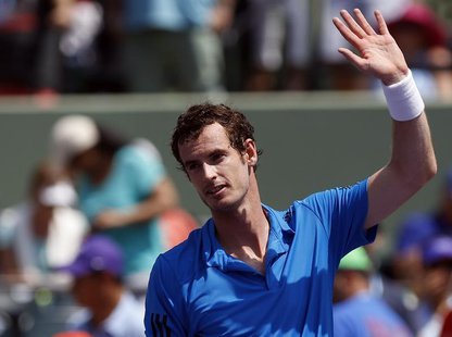 Mar 23, 2014; Miami, FL, USA; Andy Murray waves to the crowd after his match against Feliciano Lopez (not pictured) on day seven of the Sony Mar 23, 2014; Miami, FL, USA; Andy Murray waves to the crowd after his match against Feliciano Lopez (not pictured) on day seven of the Sony
