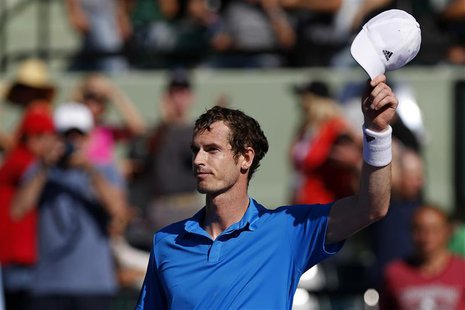 Mar 25, 2014; Miami, FL, USA; Andy Murray waves to the crowd after his match against Jo-Wilfried Tsonga (not pictured) on day nine of the So Mar 25, 2014; Miami, FL, USA; Andy Murray waves to the crowd after his match against Jo-Wilfried Tsonga (not pictured) on day nine of the So