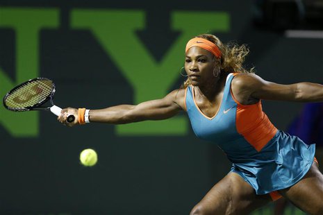Mar 25, 2014; Miami, FL, USA; Serena Williams hits a forehand against Angelique Kerber (not pictured) on day nine of the Sony Open at Crando Mar 25, 2014; Miami, FL, USA; Serena Williams hits a forehand against Angelique Kerber (not pictured) on day nine of the Sony Open at Crando