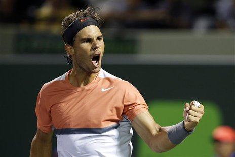 Mar 25, 2014; Miami, FL, USA; Rafael Nadal celebrates after his match against Fabio Fognini (not pictured) on day nine of the Sony Open at C Mar 25, 2014; Miami, FL, USA; Rafael Nadal celebrates after his match against Fabio Fognini (not pictured) on day nine of the Sony Open at C