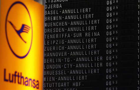 File photo of cancelled flights on a flight schedule board next to the logo of German air carrier Lufthansa at the Fraport airport in Frankf File photo of cancelled flights on a flight schedule board next to the logo of German air carrier Lufthansa at the Fraport airport in Frankf