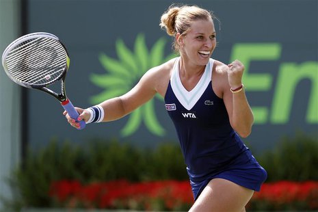 Mar 26, 2014; Miami, FL, USA; Dominika Cibulkova celebrates after her match against Agnieszka Radwanska (not pictured) on day ten of the Son Mar 26, 2014; Miami, FL, USA; Dominika Cibulkova celebrates after her match against Agnieszka Radwanska (not pictured) on day ten of the Son