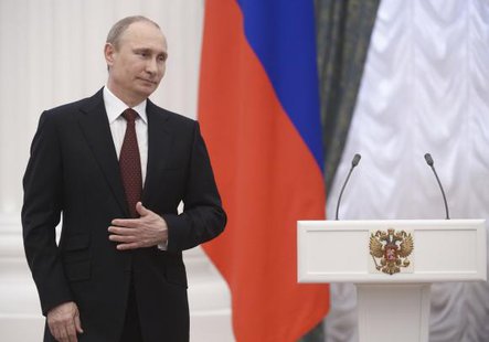 Russian President Vladimir Putin takes part in a state awards ceremony in Moscow's Kremlin March 24, 2014.
CREDIT: REUTERS/ALEXEI NIKOLSKIY/RIA NOVOSTI/KREMLIN Russian President Vladimir Putin takes part in a state awards ceremony in Moscow's Kremlin March 24, 2014.
CREDIT: REUTERS/ALEXEI NIKOLSKIY/RIA NOVOSTI/KREMLIN