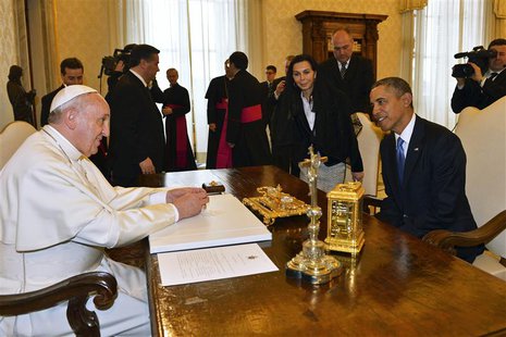 U.S. President Barack Obama (R) talks with Pope Francis during a private audience at the Vatican March 27, 2014. REUTERS/Gabriel Bouys/Pool U.S. President Barack Obama (R) talks with Pope Francis during a private audience at the Vatican March 27, 2014. REUTERS/Gabriel Bouys/Pool