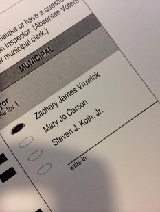 This is the photo that generated the election fraud complaint against Wisconsin Rapids Mayor Zach Vruwink. Law says you cannot publish a completed ballot. This is the photo that generated the election fraud complaint against Wisconsin Rapids Mayor Zach Vruwink. Law says you cannot publish a completed ballot.