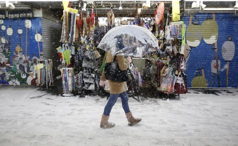 A pedestrian with an umbrella walks near a souvenir shop during a heavy snowfall in Asakusa district in Tokyo February 8, 2014. REUTERS/Yuya A pedestrian with an umbrella walks near a souvenir shop during a heavy snowfall in Asakusa district in Tokyo February 8, 2014. REUTERS/Yuya