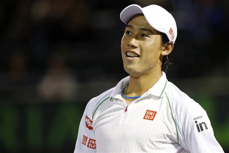 Mar 26, 2014; Miami, FL, USA; Kei Nishikori reacts against Roger Federer (not pictured) on day ten of the Sony Open at Crandon Tennis Center Mar 26, 2014; Miami, FL, USA; Kei Nishikori reacts against Roger Federer (not pictured) on day ten of the Sony Open at Crandon Tennis Center